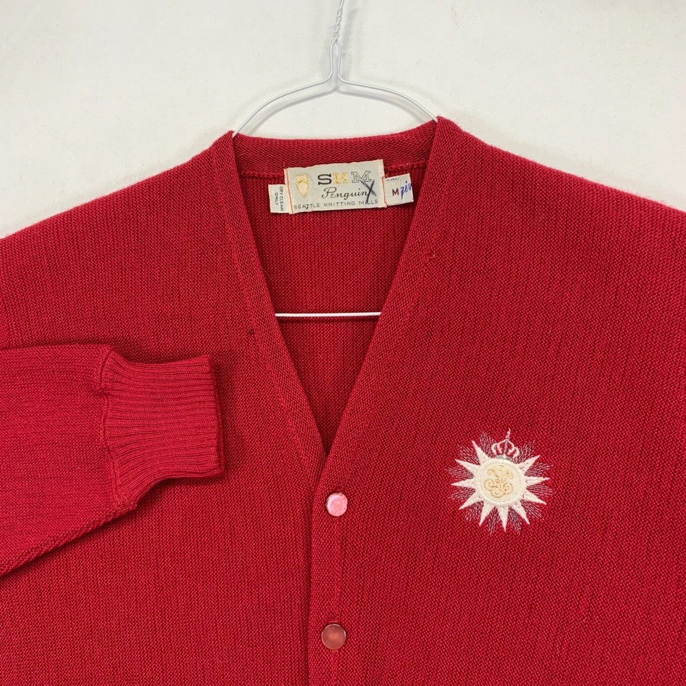 Vintage SXM Penguin‎ Seattle Knitting Mills Cardigan Sweater Medium Wool Red